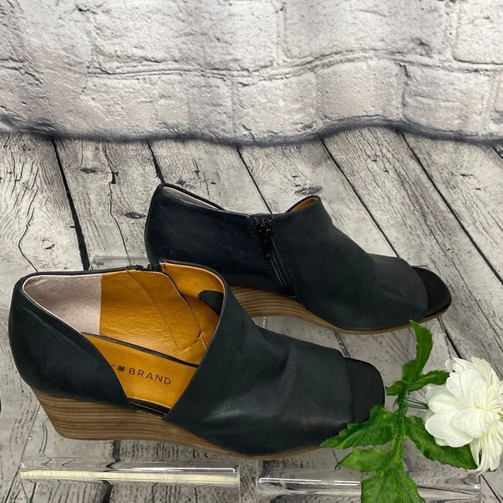 Lucky‎ Brand Jaxy  Leather Open Peep Toe Wedge Sandal Black 7.5 New